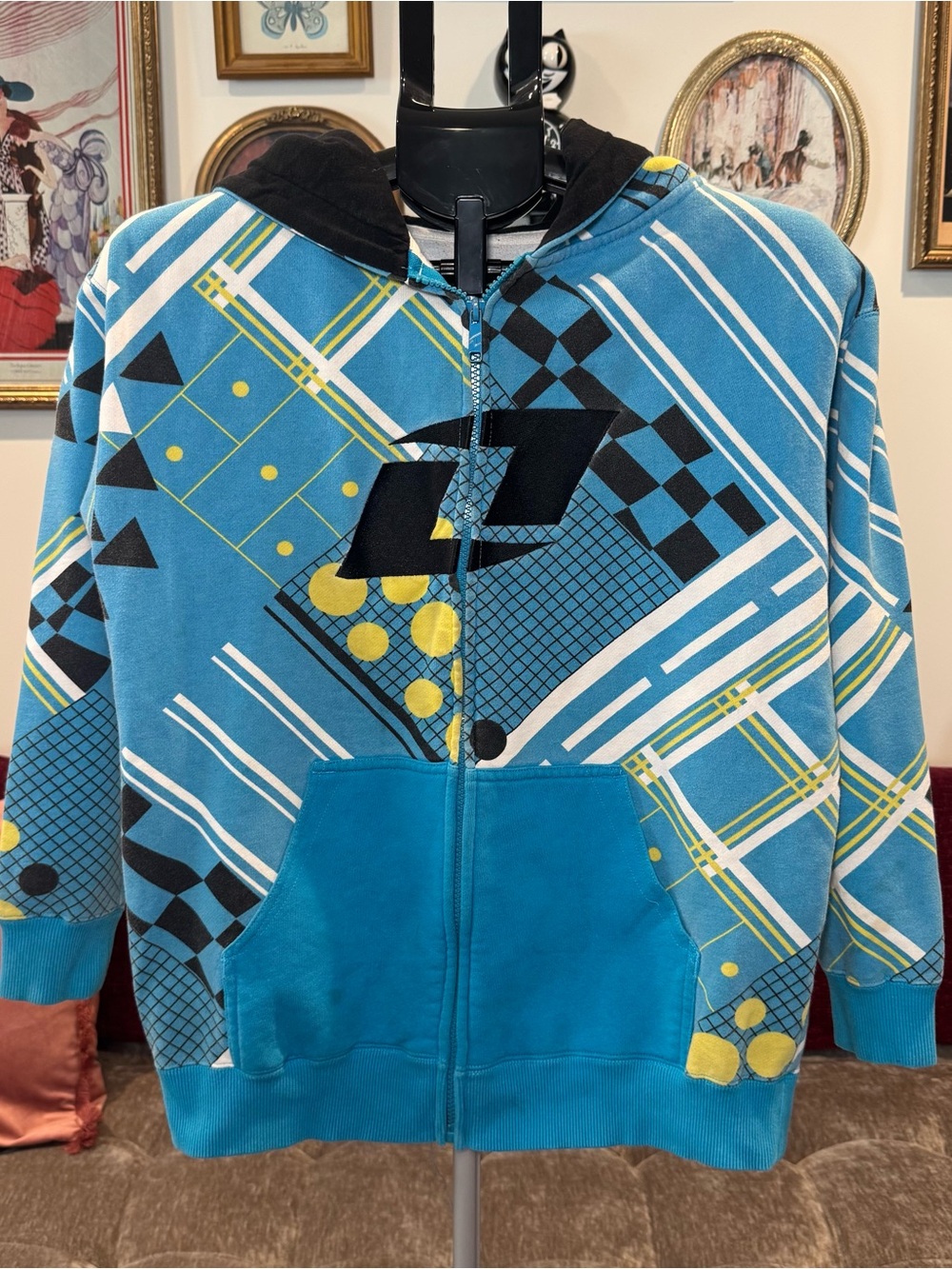 Y2K Geometric Blue Zip-Up Hoodie with Yellow Accents